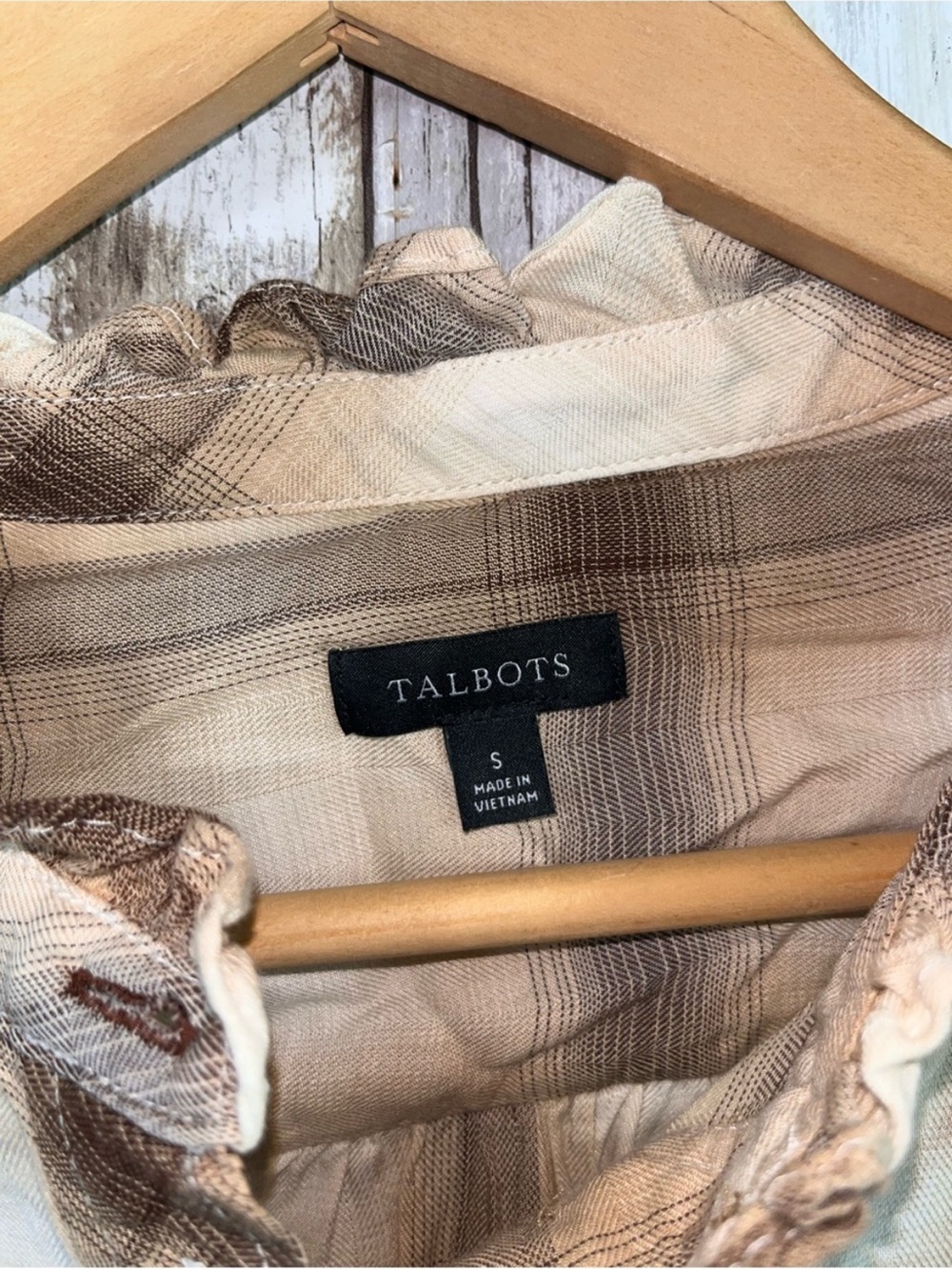 Talbots Ruffle Trim Popover Sunrise Plaid Top Blouse Brown Tan S - Picture 5 of 5